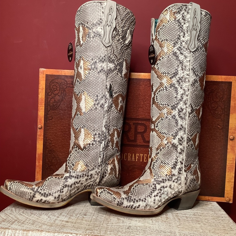 Corral Python Snake Skin Hand Painted Gold Accents Tall Top Western Boots 2”Heel - Picture 5 of 14